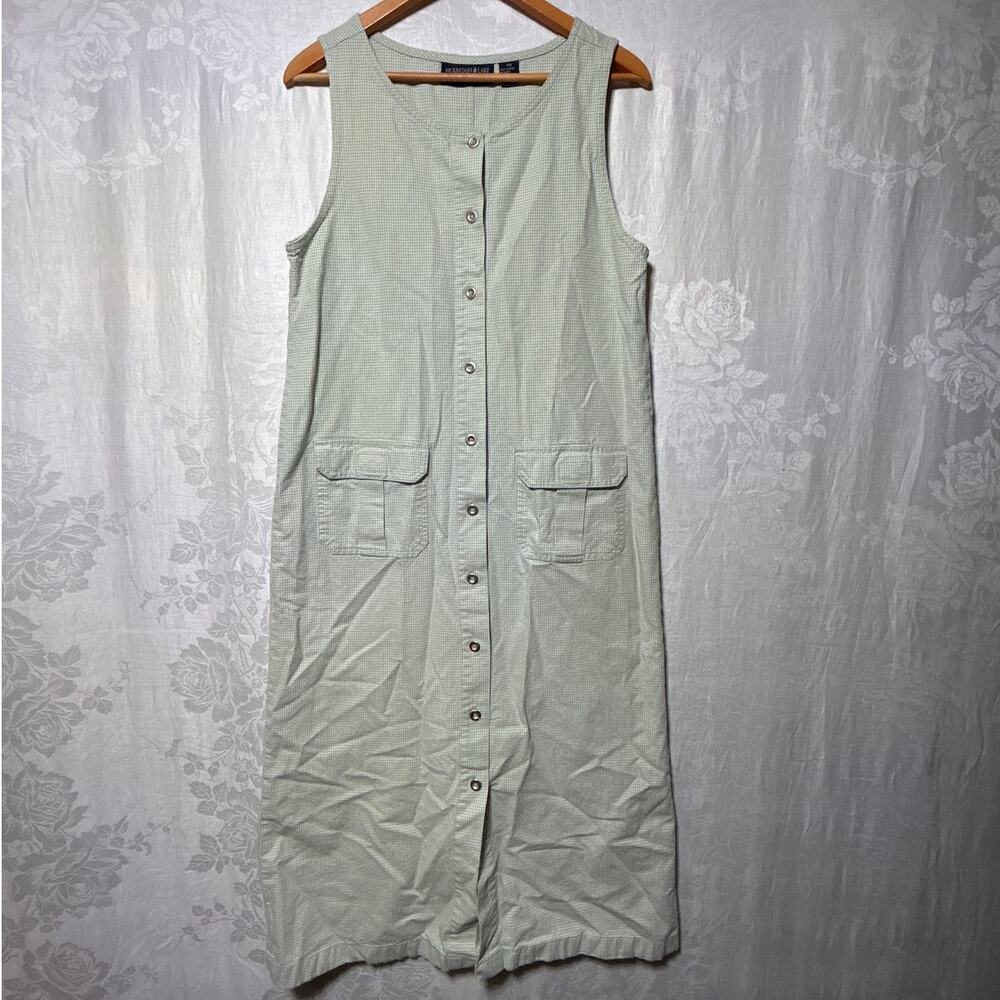 Vintage Midi Shirt Dress Medium PETITE Green Gingham Patch Pockets Farm Country